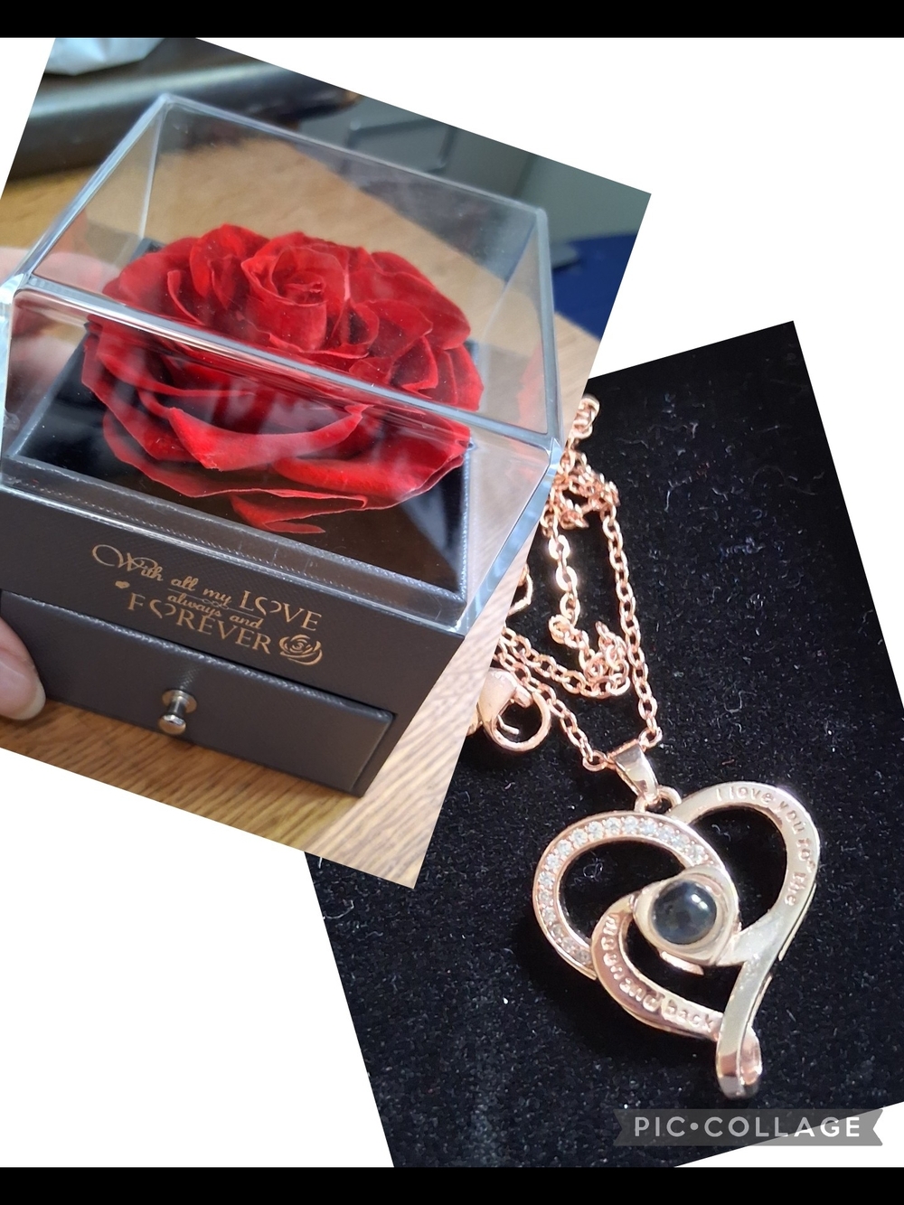 Real Rose Gift Gold Heart Pendant Necklace with Black Accent - Women Jewelry